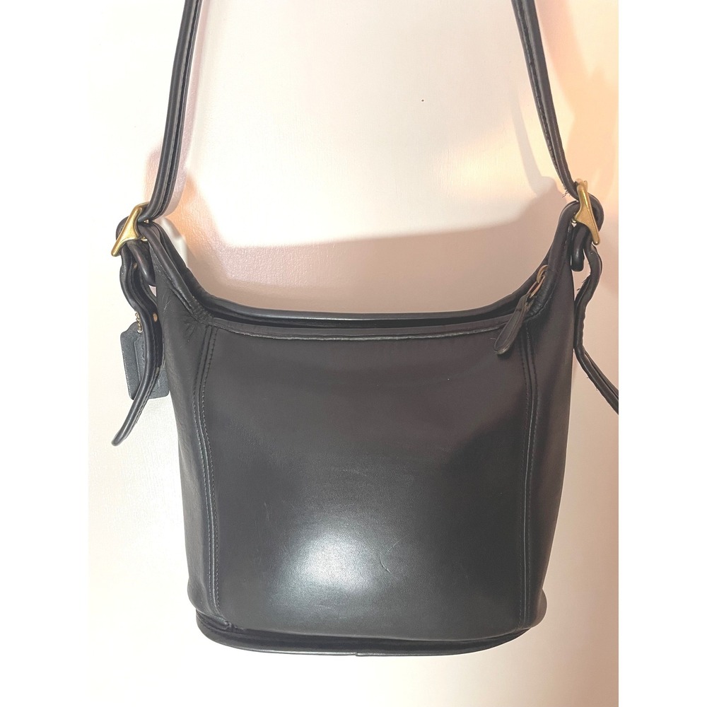 Vintage Coach Slim Duffle Crossbody Bag Black Leather Brass Hardware 9816 EUC - Picture 2 of 12